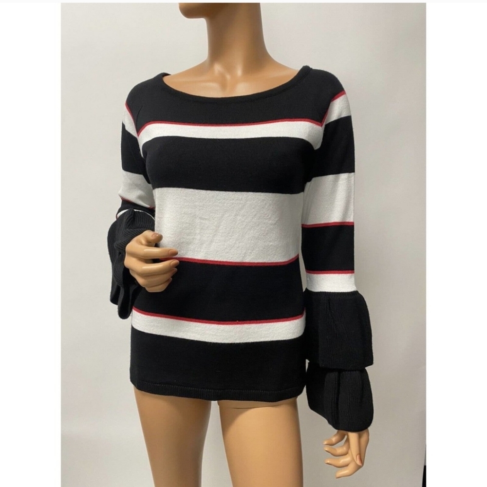 womens venus sweaters Bell SleevesBlack And White Striped Ruffle Sleeve chuncky
